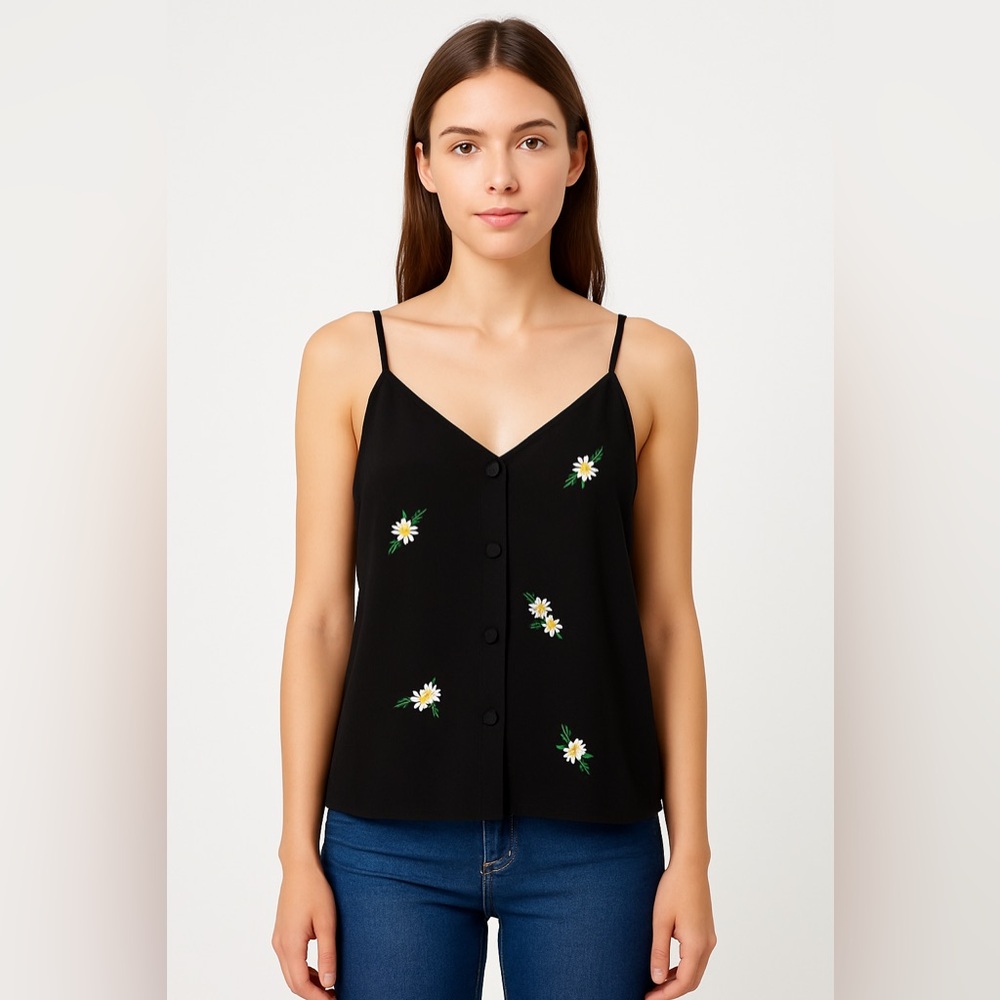 Topshop Black Daisy Embroidered Button-Front Cami Tank Top size‎ 4